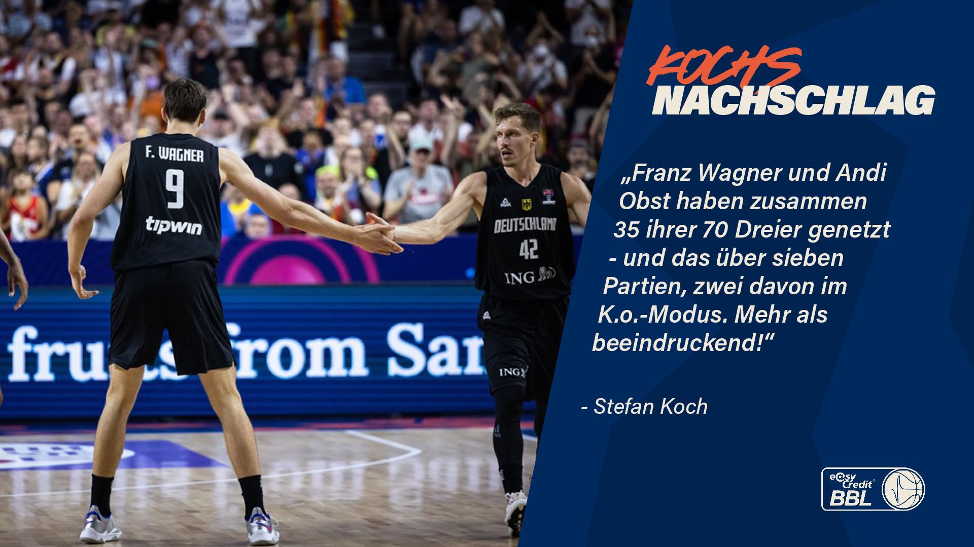 Der leichtfüßige Tänzer Maodo Lo, der Topverteidiger Nick Weiler-Babb, der Scharfschütze Andi Obst, das kaltschnäuzige Ausnahmetalent Franz Wagner und der verlässliche Rollenspieler Niels Giffey – in dieser Ausgabe von Kochs Nachschlag geht es um die Guards und Small Forwards der deutschen Nationalmannschaft.