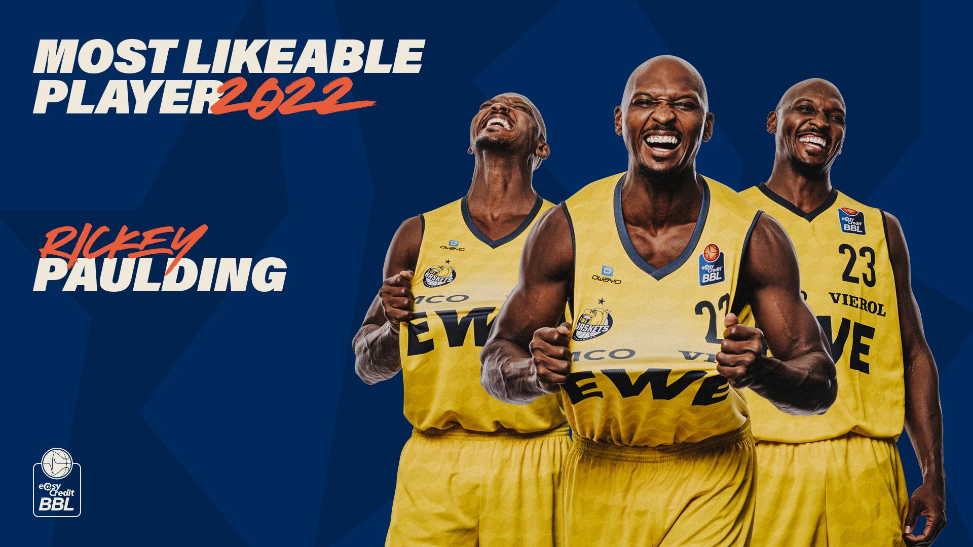 Die Fans der easyCredit Basketball Bundesliga haben entschieden: Rickey Paulding erhält den „Pascal Roller Award“ der Saison 2021/2022. Der US-Amerikaner, der am Ende der abgelaufenen Spielzeit nach 15 Jahren im Trikot der EWE Baskets Oldenburg seine Karriere beendet hatte, sicherte sich damit den Titel des beliebtesten Spielers der Liga bereits zum vierten Mal.
