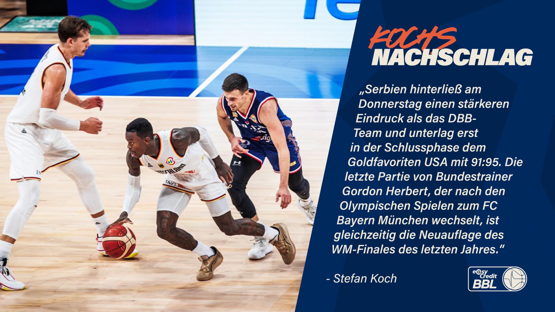 Durchatmen! Der deutsche Finaltraum ist geplatzt, weil es der Mannschaft im Halbfinale nicht gelang, an ihrer Leistungsgrenze zu kratzen. Sie unterlag Gastgeber Frankreich mit 69:73. Jetzt geht es darum, diese Niederlage zu verdauen und noch einmal alle Reserven im Spiel um die Bronzemedaille zu aktivieren. Der Kontrahent Serbien hinterließ am Donnerstag einen stärkeren Eindruck als das DBB-Team und unterlag erst in der Schlussphase dem Goldfavoriten USA mit 91:95. Die letzte Partie von Bundestrainer Gordon Herbert, der nach den Olympischen Spielen zum FC Bayern München wechselt, ist gleichzeitig die Neuauflage des WM-Finales des letzten Jahres.