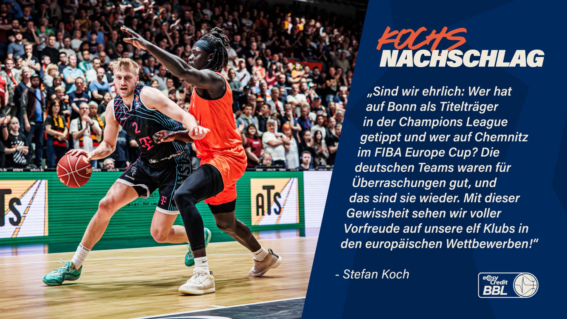 2023 gewannen die Telekom Baskets Bonn die Basketball Champions League, in diesem Jahr triumphierten die NINERS Chemnitz im FIBA Europe Cup. Die aktuelle Bilanz der Klubs der easyCredit-BBL in Europa kann sich sehen lassen. Allerdings warten die deutschen Vertreter in den Wettbewerben der ULEB noch auf ganz große Erfolge. 2019 erreichte ALBA BERLIN das Finale im EuroCup, unterlag aber Valencia in drei Spielen. In der Euroleague, der unbestrittenen kontinentalen Königsklasse, gab es noch kein Final Four mit deutscher Beteiligung. 