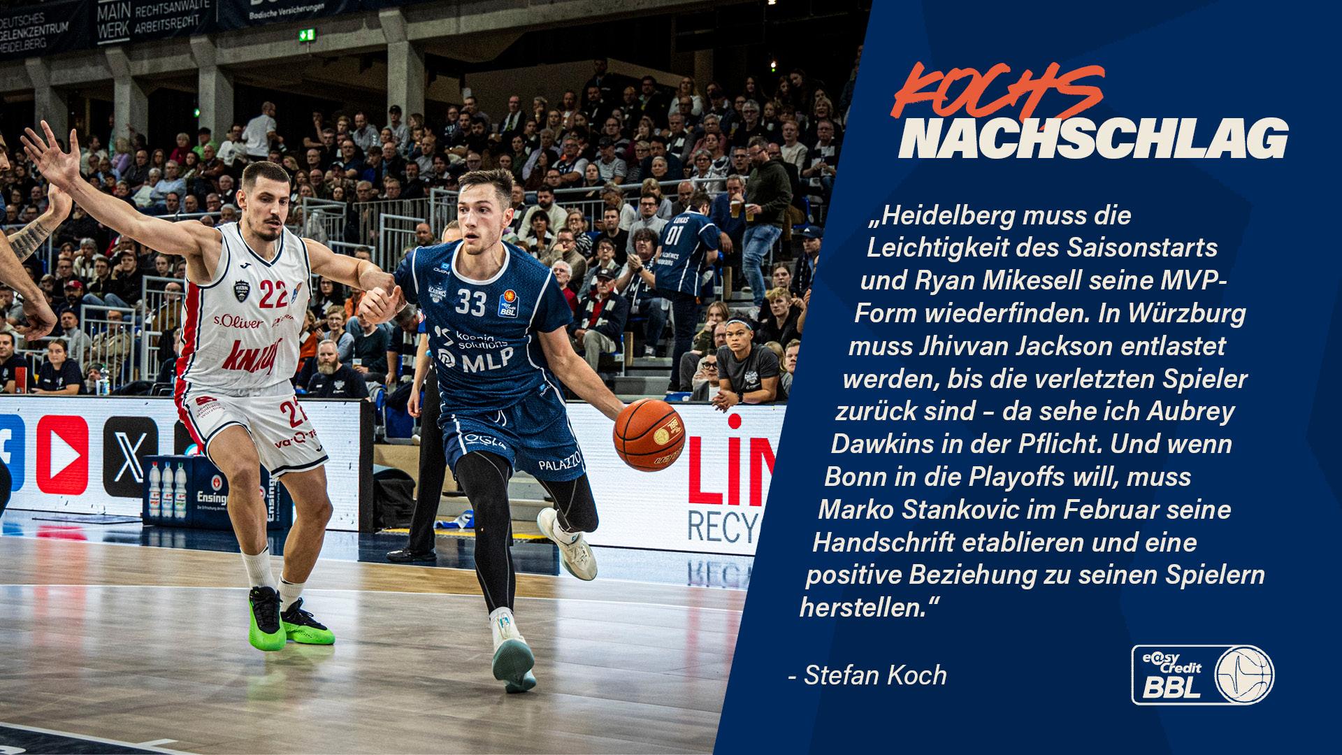 Derzeit können die Telekom Baskets Bonn (13. Platz mit 8-10 Siegen), die FIT/One Würzburg Baskets (Achter mit 9-8) und die MLP Academics Heidelberg (Sechster mit 9-7) die Erwartungen in der easyCredit BBL nicht erfüllen. Alle drei Vereine befinden sich in einer Ergebniskrise. Bonn und Würzburg haben vier Partien in Folge verloren, die Heidelberger immerhin drei. Aber bevor ich zur Ursachenforschung übergehe, möchte ich kurz skizzieren, wie die Ansprüche der (und an die) Klubs entstanden sind.