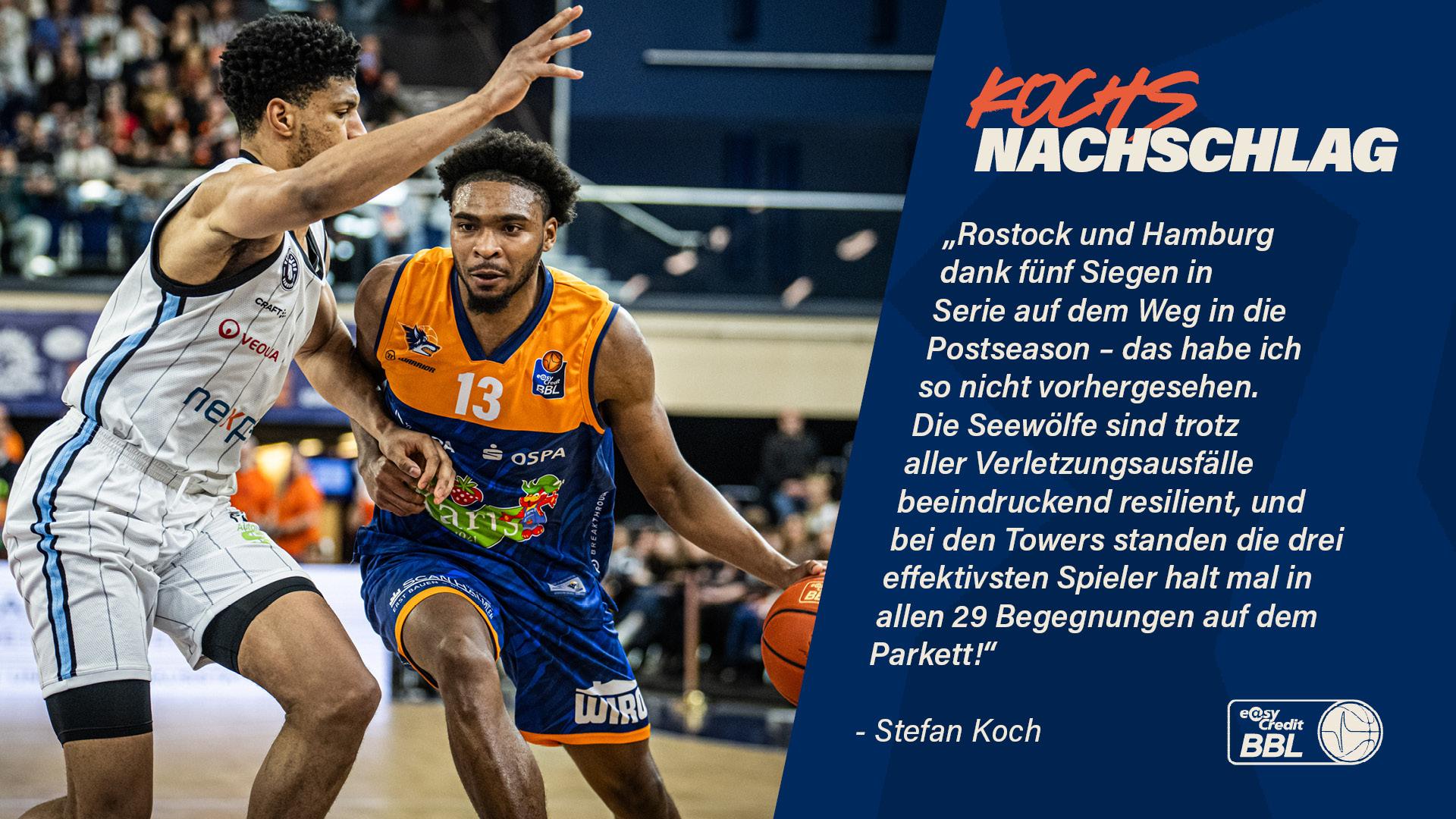 Die Schiffe der Hanse fahren unter vollen Segeln und befinden sich auf Beutekurs. Die ROSTOCK SEAWOLVES und die Veolia Towers Hamburg haben zuletzt fünf Siege in Folge geholt und sind damit die beiden heißesten Teams der Liga. Für die Rostocker ist diese Erfolgsserie auch ihre bislang längste im Oberhaus. Die beiden nördlichsten Ligastandorte sind auf dem Weg in die Postseason, und ich gebe ehrlich zu, dass dies eine Entwicklung ist, die ich so nicht vorhergesehen habe. Entsprechend ziehe ich meinen Hut vor den Mannschaften und ihren Coaches Przemyslaw Frasunkiewicz (Rostock) und Benka Barloschky (Hamburg).
