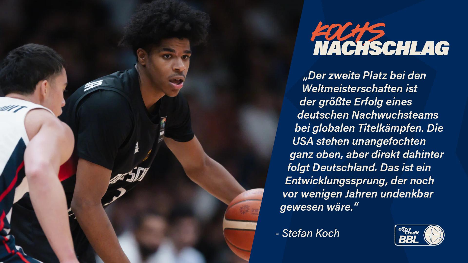 Zwei Jahre ist es her, dass die deutsche Herren-Nationalmannschaft sensationell den Weltmeistertitel gewann. Bis auf das oberste Podest des Treppchens hat es für die U19-Auswahl des DBB zwar nicht gereicht, aber der zweite Platz bei den am Sonntag in Lausanne zu Ende gegangenen Weltmeisterschaften ist der größte Erfolg eines deutschen Nachwuchsteams bei globalen Titelkämpfen. Die Mannschaft von Bundestrainer Alan Ibrahimagic zog ungeschlagen durch das Turnier, ehe im Finale die übermächtigen US-Amerikaner mit einem deutlichen 109:76 die Siegesserie stoppten.